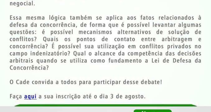 Seminário Arbitragem e Concorrência, organizado pelo CADE, acontecerá em 4/8